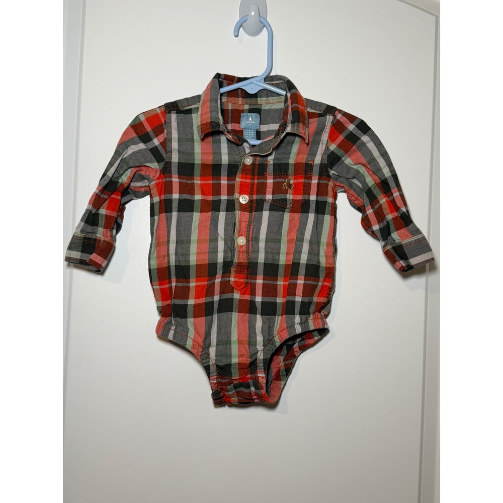 Baby Gap Plaid Long Sleeve Bodysuit Red Grey Green Button Down 6-12 Months